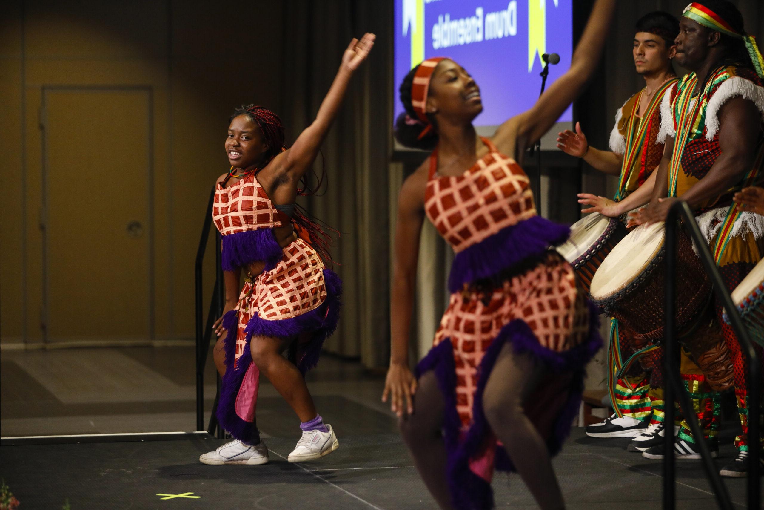 Sansifanyi West African Dance and Drum Ensemble performs at the 2024 Presidential Stronger As One Diversity Awards reception in Feldman Ballroom January 25, 2024. // photo by Matt Wittmeyer for the University of Rochester